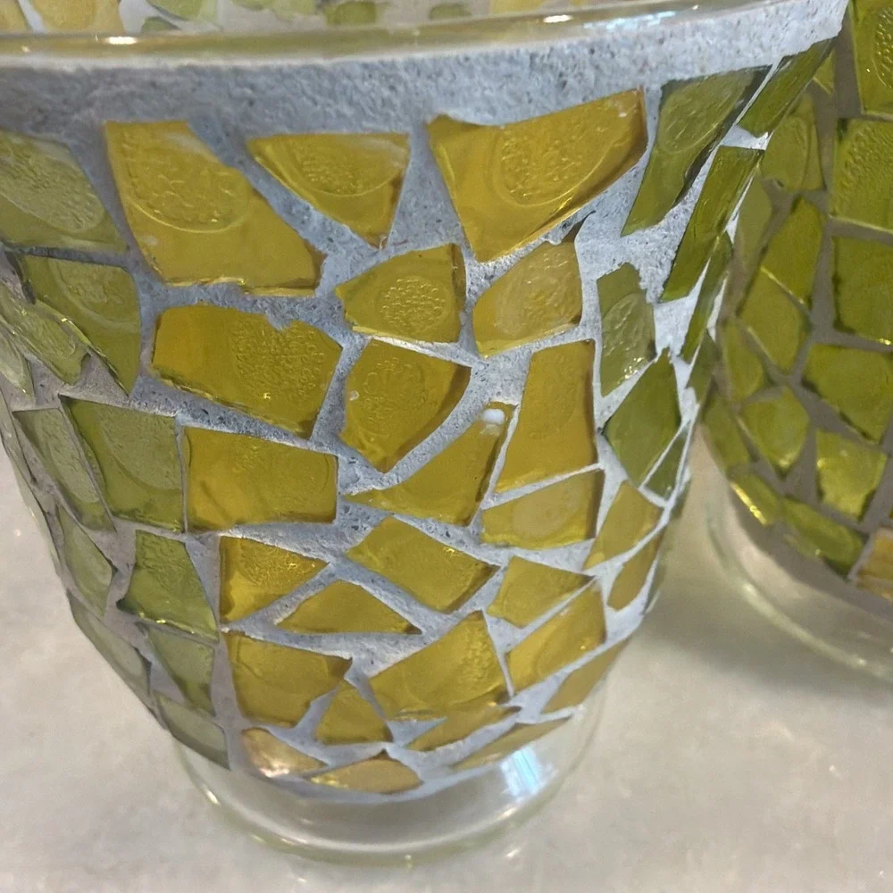 Set‎ Of 2 Vintage Hurricane Mosaic Green/yellow Glass Candle Holders ES003